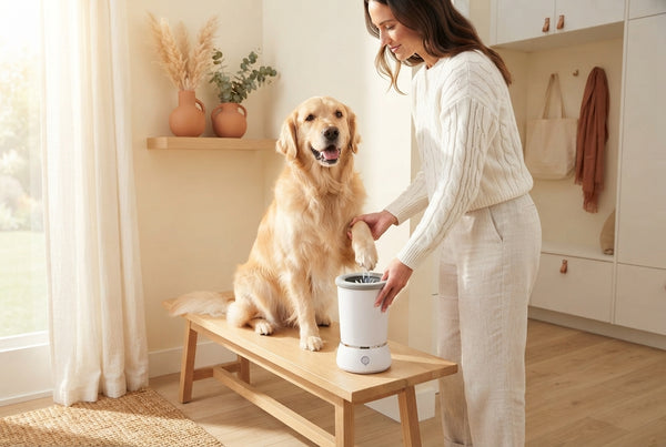 A person cleaning a dog's paw with an automatic electric pet foot washer in a modern, sunlit mudroom with warm-toned decor.