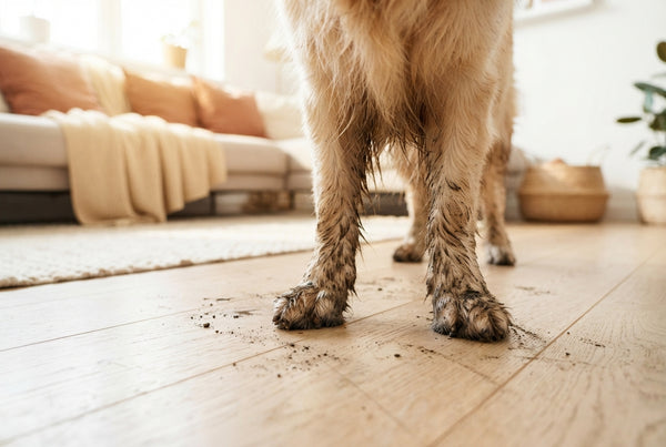 A close-up of a dog's muddy paws resting on a wooden floor in a bright, modern living room.
